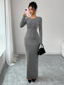 Elenzga Women's Rhinestone Embellished Fitted Long Dress - Silver - View 7