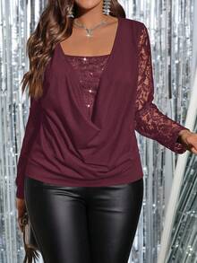 Gownix Blouse élégante à manches longues avec empiècement en dentelle et col bénitier, couleur unie, grande taille - Framboise - Voir 3