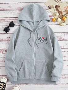 Sudadera con capucha para mujer, cálida y suave, con cremallera – Hecha en México, diseño gráfico de perro - Gris - Ver 2