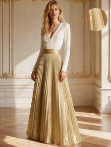 Franclia Elegantes Damenkleid für Herbst- und Winterpartys: V-Ausschnitt, lange Ärmel, tailliert, mit Metallic-Einsätzen, Falten und glänzendem Finish. Auch als Winterkleid geeignet. Dieses elegante weiße Partykleid ist perfekt für Damen. - Verschiedenfarbig - Übersicht 2