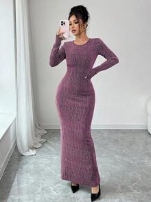 Elenzga 女士水钻装饰闪亮修身连衣裙 - 紫色 - 查看 7