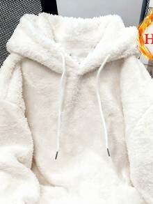 INAWLY Plus Size Women's Solid Color Long Sleeve Loose Drawstring Hooded Fleece Sweatshirt - White - View 3