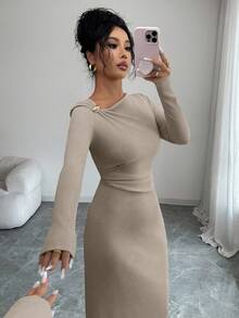 Elenzga Đầm nữ mới cổ chéo tay dài có gân, trang trí nút thắt eo, thiết kế nhún bèo, thường ngày đa năng, thanh lịch, mùa thu/đông - Màu Khaki - Xem 4