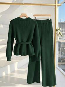 GlowEve 新款优雅套头衫，金色纽扣设计，欧美时尚百搭简约针织上衣和针织裤套装 - 墨綠色 - 查看 2