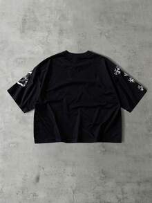 ROMWE MEN 男士字母十字印花圆领宽松休闲短袖T恤 - 黑色 - 查看 2