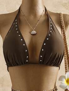 Bellisia Bộ bikini cổ chữ V đính đinh tán màu nâu dành cho nữ - Cà phê nâu - Xem 3