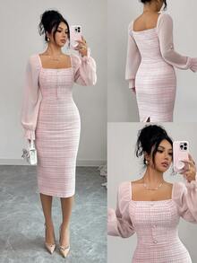 Elenzga Elegant Tweed Patchwork Chiffon Collared Dress, Suitable For Dates And Holidays - Pink - View 1