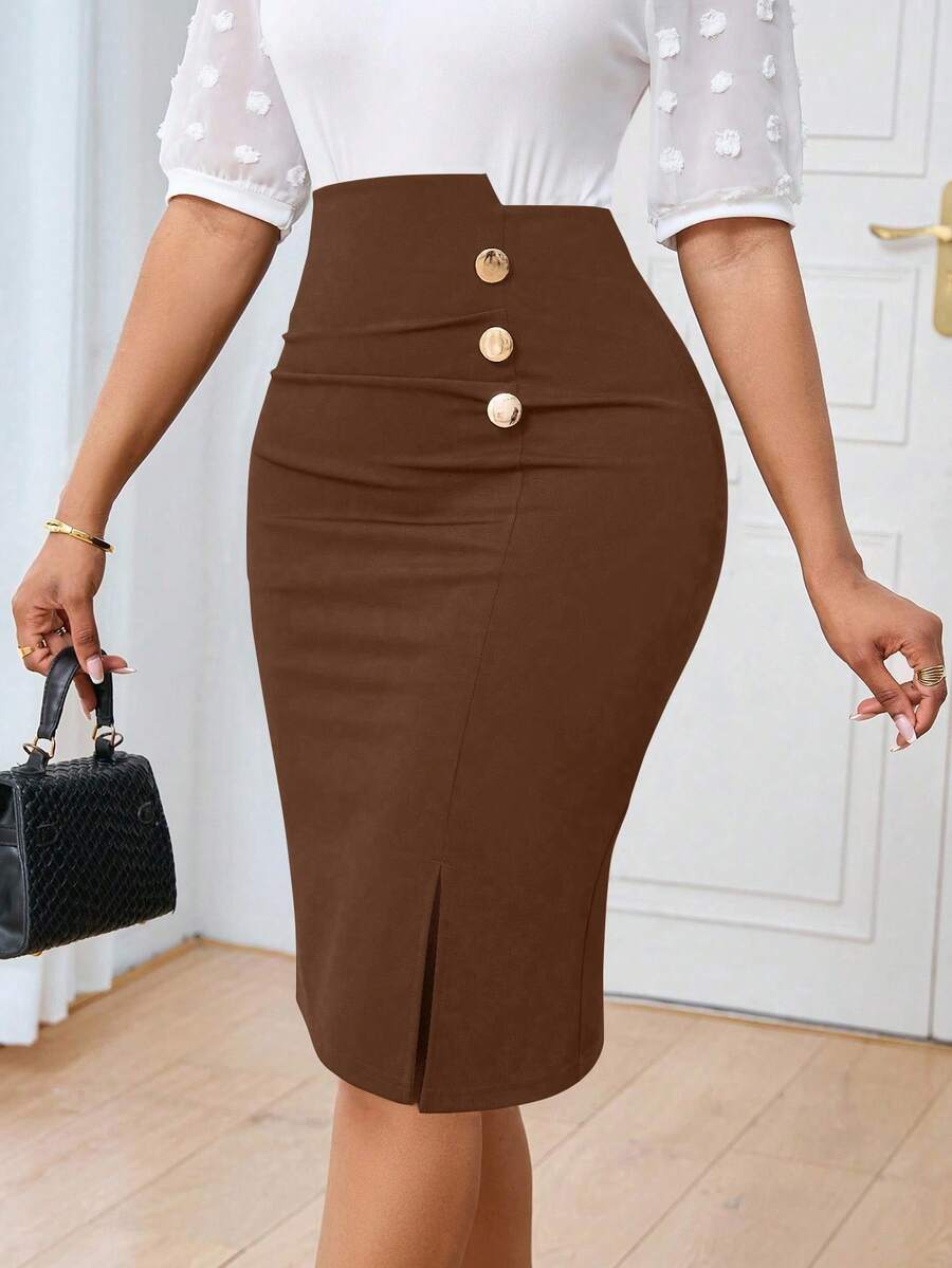 SHEIN Unity Elegant Minimalist Office/Commute Women Skirt - Brown - View 1