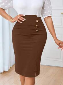 SHEIN Unity Elegant Minimalist Office/Commute Women Skirt - Brown - View 4