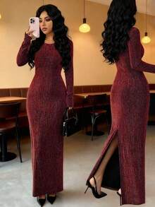 Elenzga Women's Rhinestone Embellished Shiny Slim Fit Dress - Red and Black - View 1