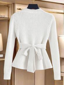 GlowEve Áo len cardigan tay dài thời trang châu Âu và Mỹ mới dành cho nữ màu trơn thanh lịch đa năng có nơ trang trí - trắng - Xem 2