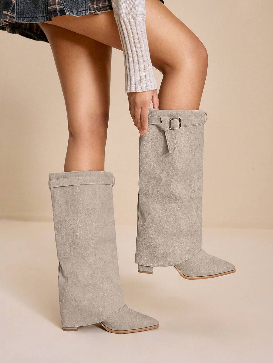 Daringsoles Women's Fashion Pointed Toe Chunky High Heel Knee-High Boots For Christmas - Apricot - View 1