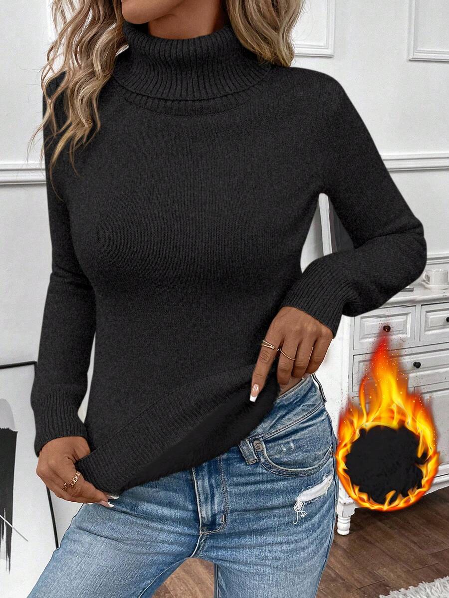 SHEIN LUNE Sweater Rajut Kasual Lengan Panjang Kerah Tinggi Warna Polos untuk Wanita - Grey - View 1