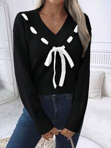EMERY ROSE Women's V-Neck Front Tie Long Sleeve Casual Sweater, Autumn/Winter - Black - View 4