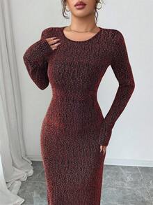 Elenzga Women's Rhinestone Embellished Shiny Slim Fit Dress - Red and Black - View 5