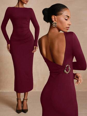 Vesra Elegant Backless Metal Decor Waist Fitted Knit Dress For Women, Party & Gathering