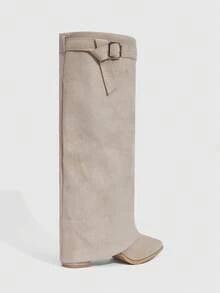 Daringsoles Women's Fashion Pointed Toe Chunky High Heel Knee-High Boots For Christmas - Apricot - View 9