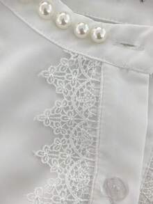 Franclia 女士休闲通勤圆领长袖珍珠装饰衬衫，优雅百搭，适合秋冬工作 - 白色 - 查看 5