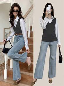 Elyressa Women's Striped Patchwork Shirt Collar 2 In 1 Long Sleeve Casual Top - Dark Grey - View 8