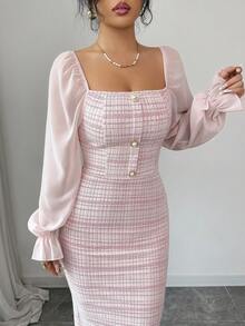 Elenzga Elegant Tweed Patchwork Chiffon Collared Dress, Suitable For Dates And Holidays - Pink - View 3