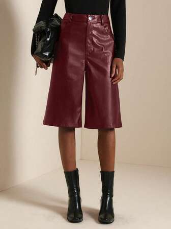 SHEIN Veneréa Women's Solid Color Pocket Fashion Wide Leg Straight PU Leather Capri Pants