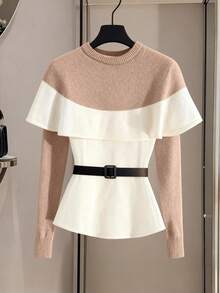 Lyxana New Stylish European And American Mixed Color Chic Versatile Contrast Color Knitted Ruffled Poncho Sweater - Khaki - View 1