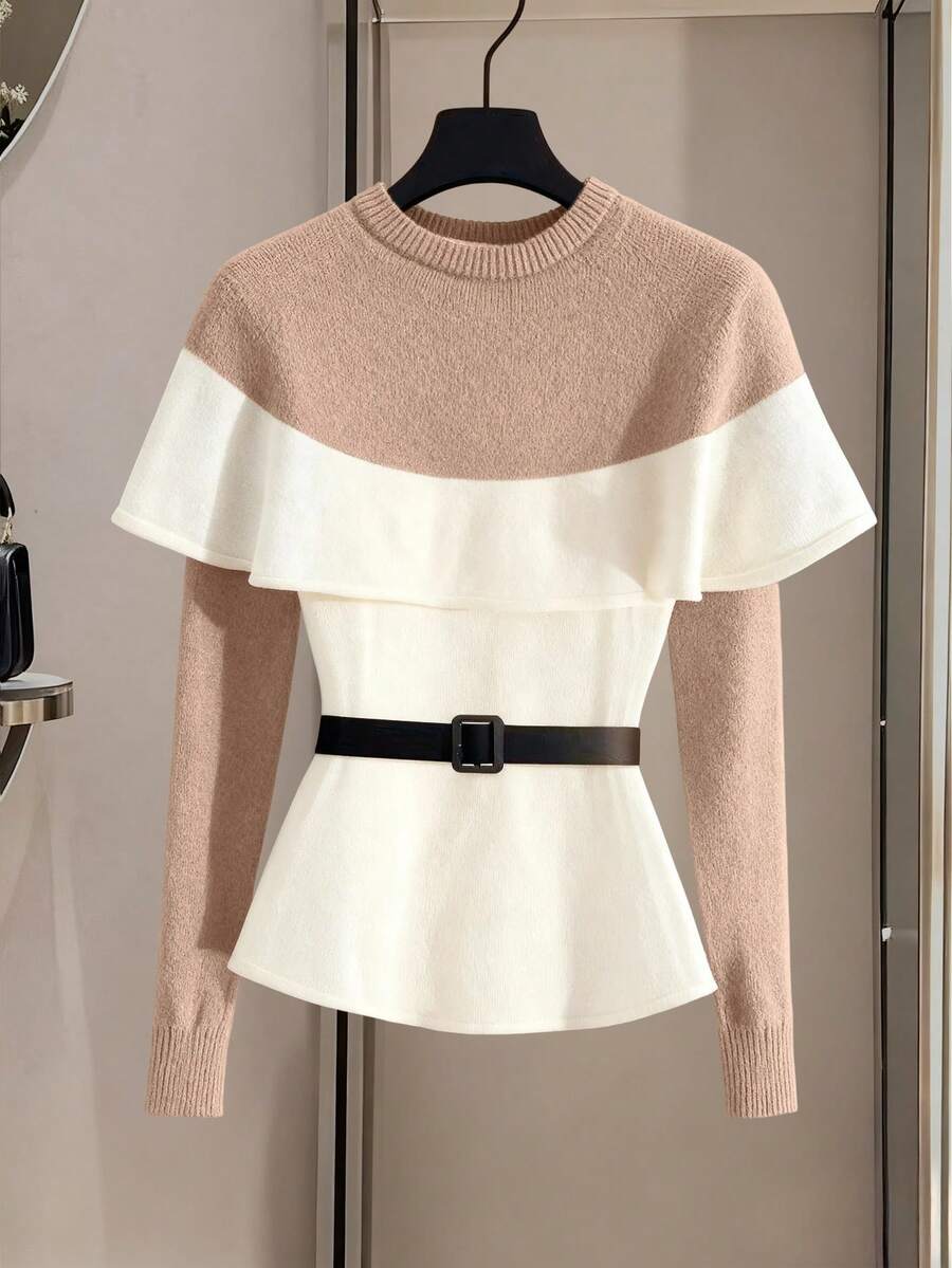 Lyxana New Stylish European And American Mixed Color Chic Versatile Contrast Color Knitted Ruffled Poncho Sweater - Khaki - View 1