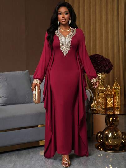 SHEIN Ladiora Gold Lace Trim Hooded Poncho Style Knit Dress For Women