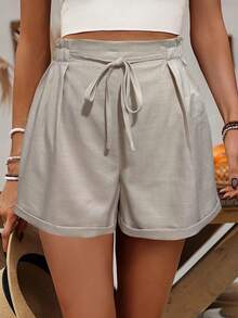 SHEIN LUNE Women's High Waist Tie Cuffed Casual Shorts, Light Khaki, Spring/Summer - Khaki - View 1