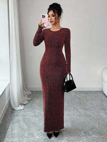 Elenzga Women's Rhinestone Embellished Shiny Slim Fit Dress - Red and Black - View 7