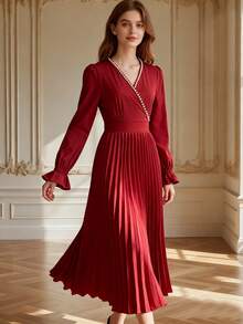 Franclia Robe mi-longue élégante pour femmes avec col en V, manches bouffantes, taille froncée et ourlet évasé. Convient pour les fêtes et événements, automne/hiver - Rouge - Voir 2