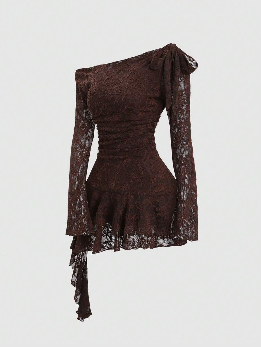Sweetra Y2K Sexy Lace Asymmetric Shoulder Asymmetrical Hem Dress