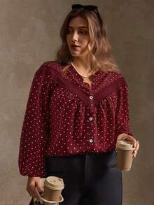 Elegantrix Women's Polka Dot Lace Decor Casual/Work Shirt, Autumn/Winter - Red and White - View 3