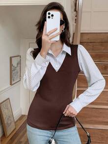 Elyressa 女士条纹拼接衬衫领二合一长袖休闲上衣 - 棕色 - 查看 5