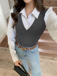 Elyressa Women's Striped Patchwork Shirt Collar 2 In 1 Long Sleeve Casual Top - Dark Grey - View 5