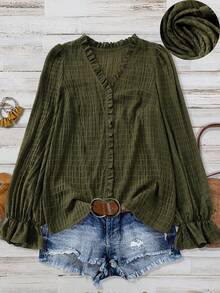 Linhara 大码女式纯色纹理V领荷叶边长袖宽松休闲上衣，面料柔软舒适，适合日常穿着。 - 軍綠色 - 查看 1