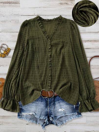 Linhara 大码女式纯色纹理V领荷叶边长袖宽松休闲上衣，面料柔软舒适，适合日常穿着。