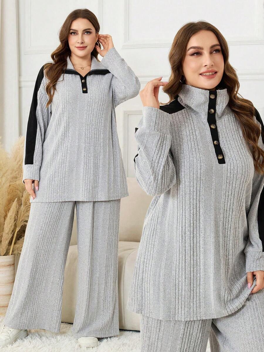 Lacomfia 2pcs Plus Size Women Fleece Patchwork Contrast Color Knitted Top And Pants Set, Autumn/Winter - Light Grey - View 1