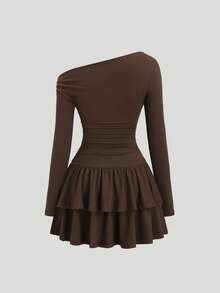 Sweetra 休闲简约街头风不对称金属扣装饰褶皱长袖修身棕色中长连衣裙，适合春秋季穿着。 - 棕色 - 查看 2