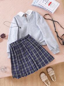 2pcs/Set Tween Girls Pink And White,Autumn,Cute,School,Back-To-School Cookie Bow Decor Outfit,Light Gray Collared Sweatshirt & Plaid Pleated Skirt - Royal Blue - View 2