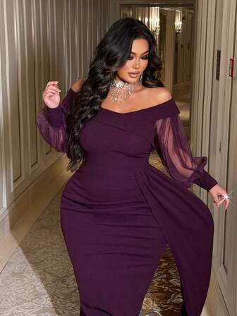 NU&NOW Plus Size Mesh Patchwork Off-Shoulder Party Dress