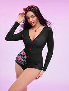 NotGurli Y2K Black Racing F1 Print Bodysuit, Deep V-Neck, Cinched Waist, Long Sleeve, Slim Fit, Flattering Curves, Streetwear Chic, Sexy Women's Jumpsuit