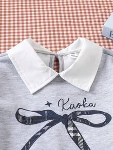 2pcs/Set Tween Girls Pink And White,Autumn,Cute,School,Back-To-School Cookie Bow Decor Outfit,Light Gray Collared Sweatshirt & Plaid Pleated Skirt - Royal Blue - View 3