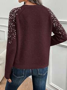 EMERY ROSE 女士亮片装饰圆领长袖毛衣 - 酒紅色 - 查看 2