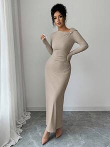 Elenzga Đầm nữ mới cổ chéo tay dài có gân, trang trí nút thắt eo, thiết kế nhún bèo, thường ngày đa năng, thanh lịch, mùa thu/đông - Màu Khaki - Xem 6