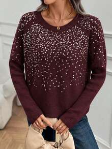 EMERY ROSE 女士亮片装饰圆领长袖毛衣 - 酒紅色 - 查看 4