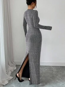 Elenzga Women's Rhinestone Embellished Fitted Long Dress - Silver - View 2