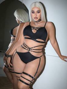 SHEIN 4件套时尚编织吊带性感内衣套装 - 黑色 - 查看 3