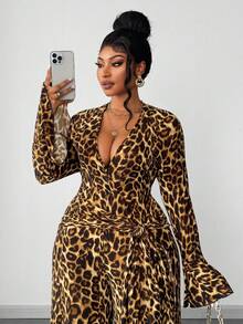 Maweii Bộ đồ liền thân gợi cảm tay loe cổ chữ V sâu họa tiết da báo cỡ lớn dành cho nữ - màu nâu - Xem 3