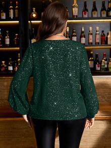 Gownix Plus Size Women's Shiny V-Neck Lantern Sleeve Loose Fashion Blouse